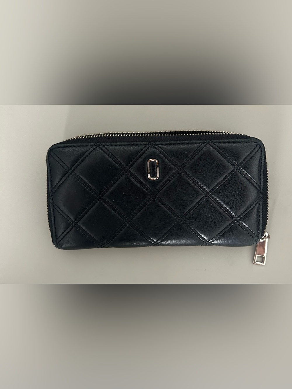 Marc Jacobs Black Quilted Leather Zip Wallet with Silver Accent